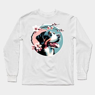 Joyful Greater Swiss Mountain Dog with Spring Cherry Blossoms Long Sleeve T-Shirt